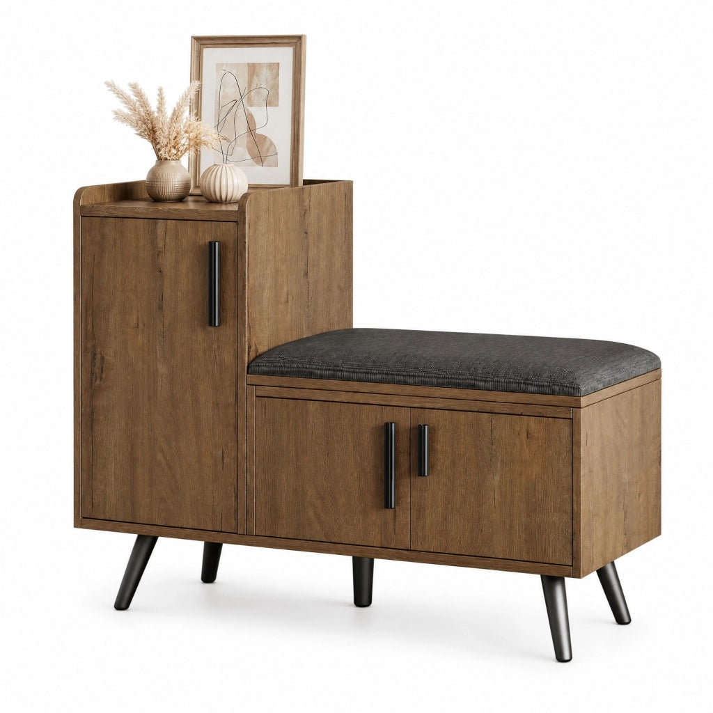 Schuhbank con seduta imbottita e ripiani interni; 100x34x68;5 cm; naturale