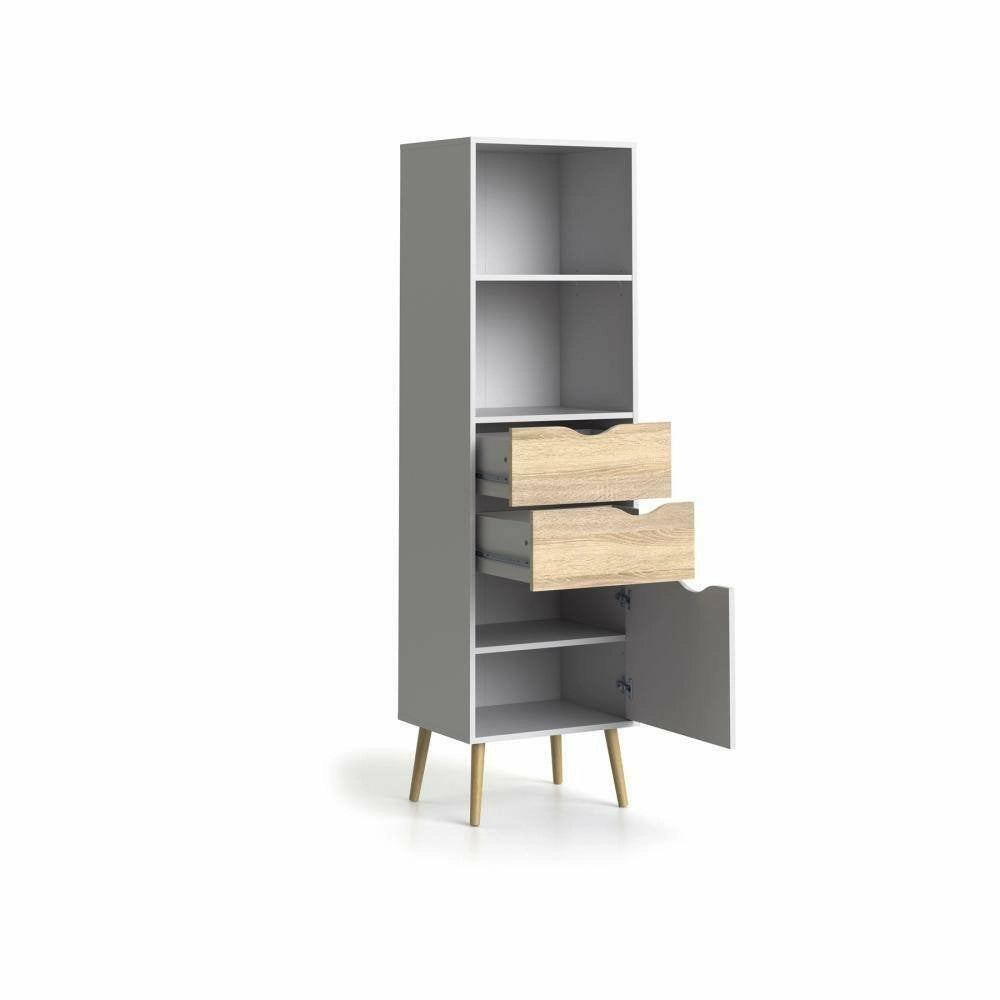 Libreria in stile scandi a due ripiani due cassetti e Assesor, colore bianco e rovere, Misure 50 x 171 x 39 cm