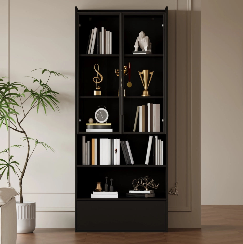 Vetrina alta 80 x 34 x 180 cm con LED; 1 cassetto; ante in vetro; nero