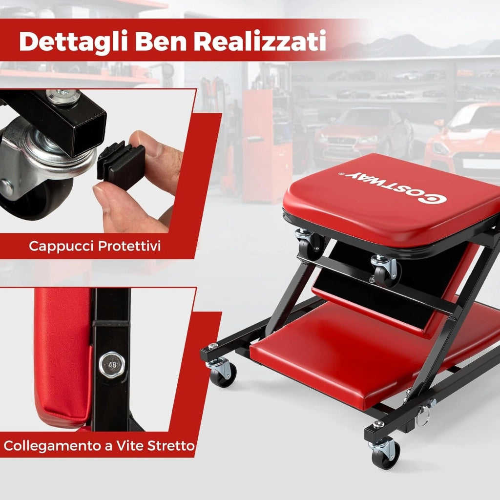 COSTWAY 2 in 1 Sgabello da Officina a Forma di Z, Carrello Meccanico sotto Auto con Sedile Imbottito e Ruote Girevoli a 360°, Portata 150 kg, per Garage e Officina (Rosso)