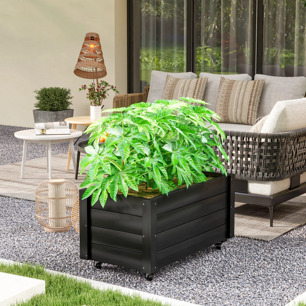 Fioriera da Giardino con Foro di Drenaggio e Rotelle, in Legno di Abete, 89x48x47 cm, Nera