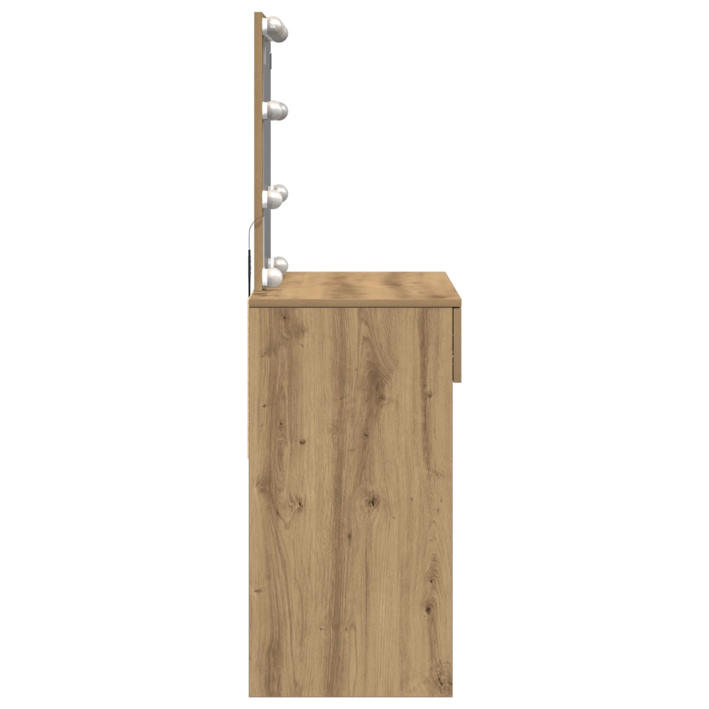 Tavolo da Toeletta con Specchio e LED Finitura Rovere Artigianale in Legno Ingegnerizzato