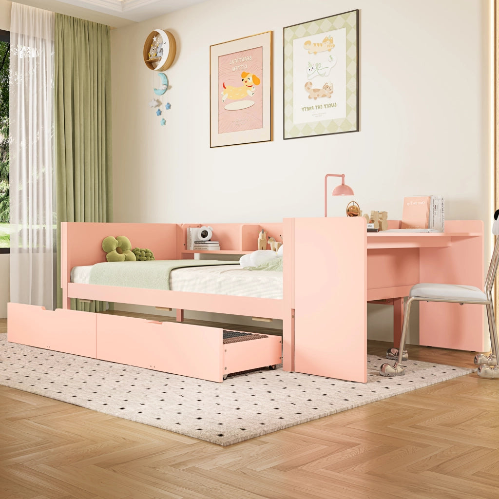 DESMIU Letto combinato letto singolo 1 posto con scrivania, 2 cassetti e 3 ripiani, 90 × 200 cm, senza materasso, rosa