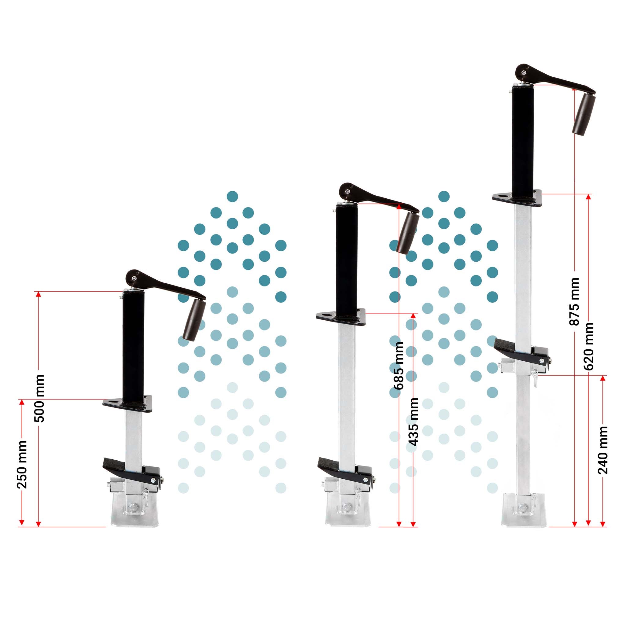 Piede stabilizzatore per rimorchi roulotte, max 900 kg, regolabile in altezza con manovella, con pedale e perno di sicurezza