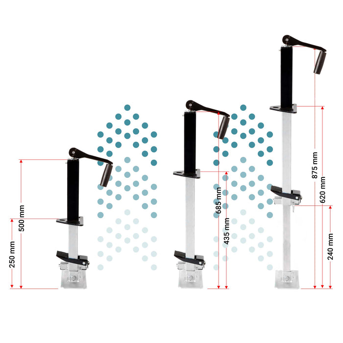 Piede stabilizzatore per rimorchi roulotte, max 900 kg, regolabile in altezza con manovella, con pedale e perno di sicurezza