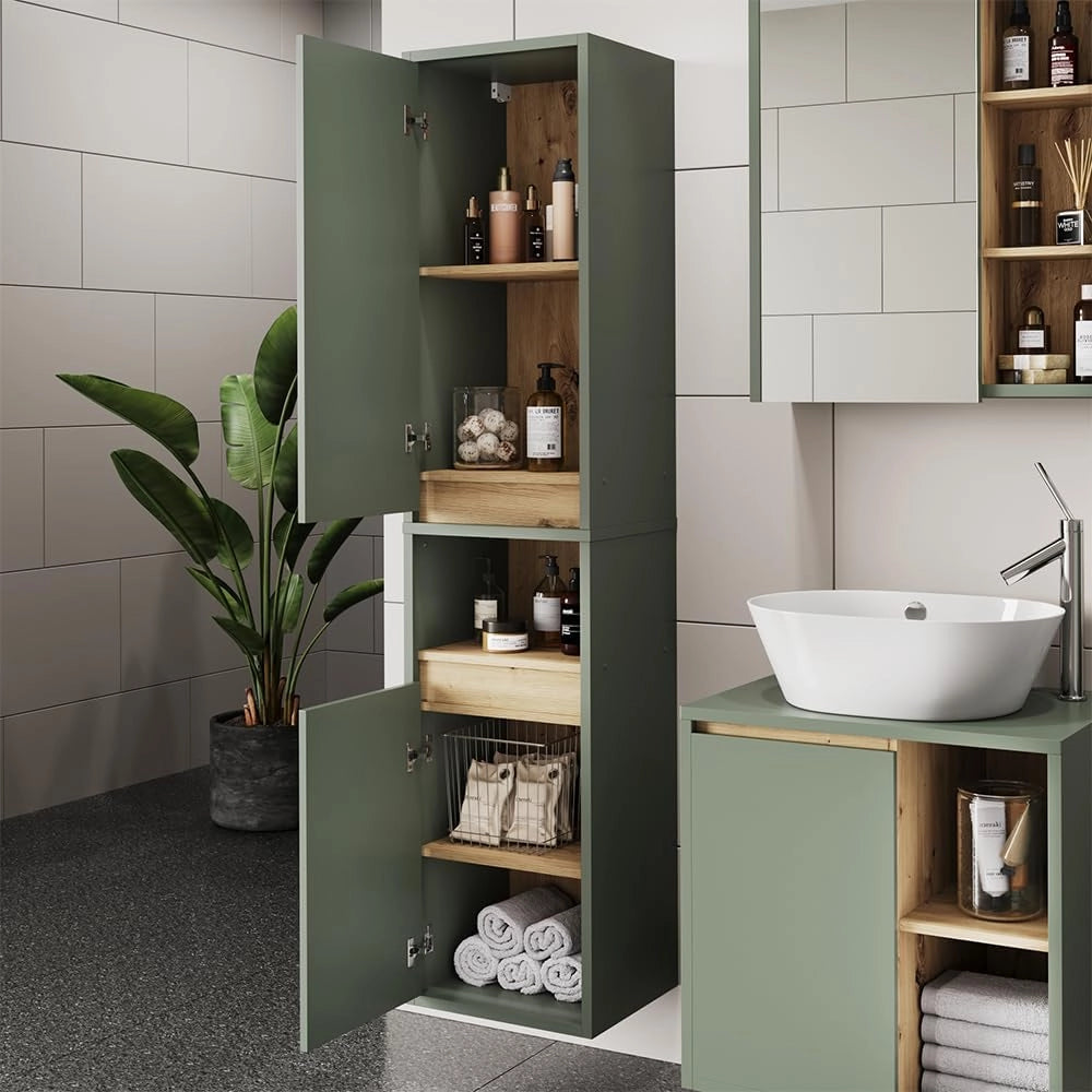 Armadio per il bagno Viola, Verde/Artigianale, 38 x 170 cm con 2 porte
