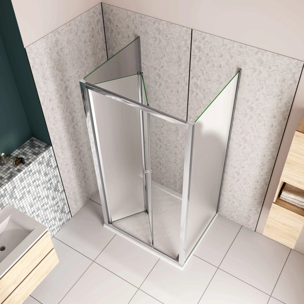 185cm Box Doccia a Tre Lati Porta a Soffietto 70cm con Doppia Parete Fissa 70x70cm in Vetro Temperato Satinato Opaco 5 mm Profilo Cromato Lucido