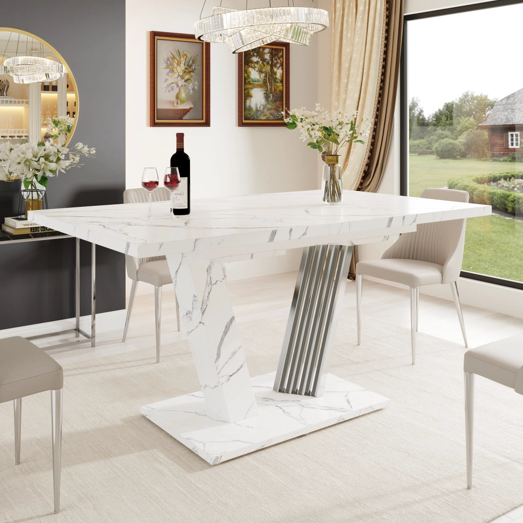 Tavolo allungabile con piano in mdf marmorizzato base a ali e piedi regolabili per cucina e soggiorno 120-160 × 80 × 76 cm