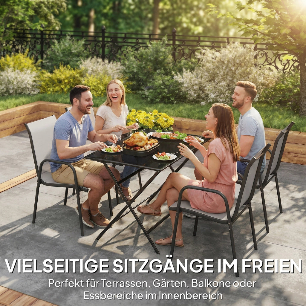 Set di 4 sedie da giardino impilabili; schienale e braccioli traspiranti; capienza 120 kg; arredamento terrazza