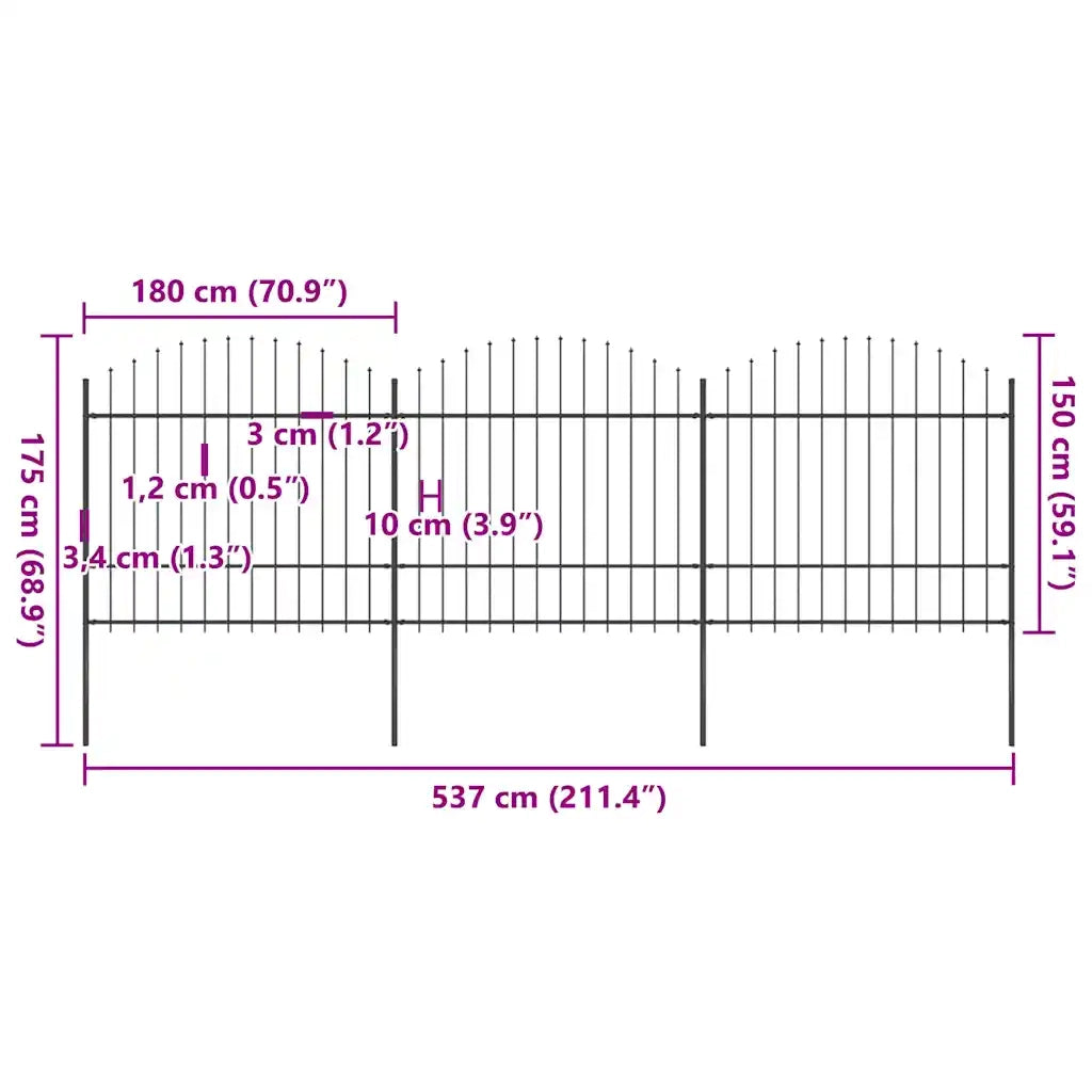 Recinzione da Giardino con Punta a Lancia in Acciaio 537x175 cm Nero 277741