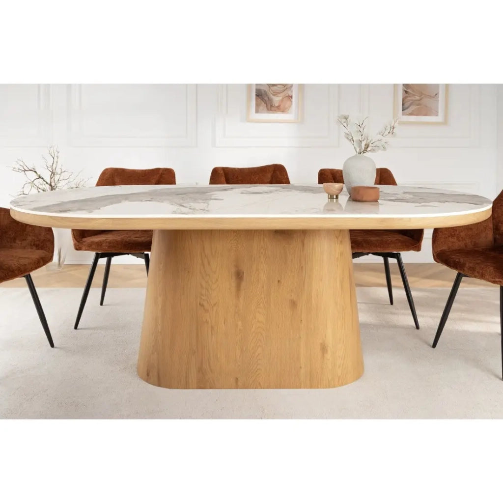 Tavolo da pranzo LUMEA – Ovale 200 cm – Effetto marmo bianco – Piede largo – Stile contemporaneo