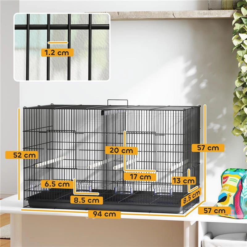 GABBIA PER UCCELLI CON DIVISORIO E RIPIANO INFERIORE PORTAOGGETTI IN ACCIAIO E PP 94X57X57 CM NERO