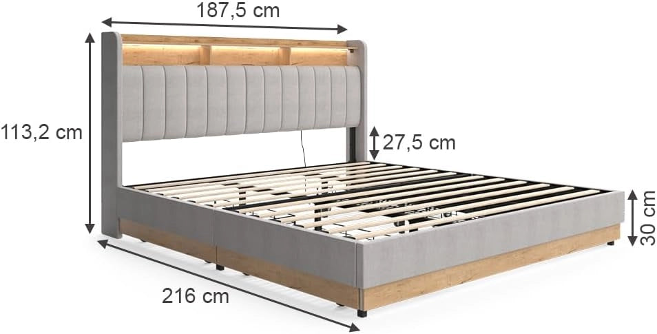Letto imbottito Nura, Grigio, 180x200 cm con materasso, con porta di ricarica USB, illuminazione LED e telecomando