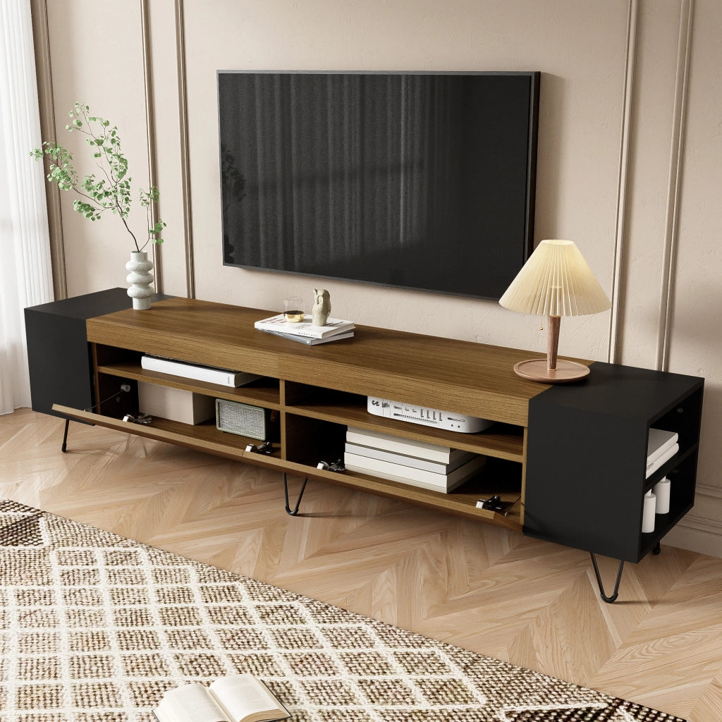 Mobile TV con 2 Ante e 4 Vani Aperti; Passacavi; Piedini in Ferro; Stile Moderno; in MDF e PB; Nero e Legno; 180??36??43 cm