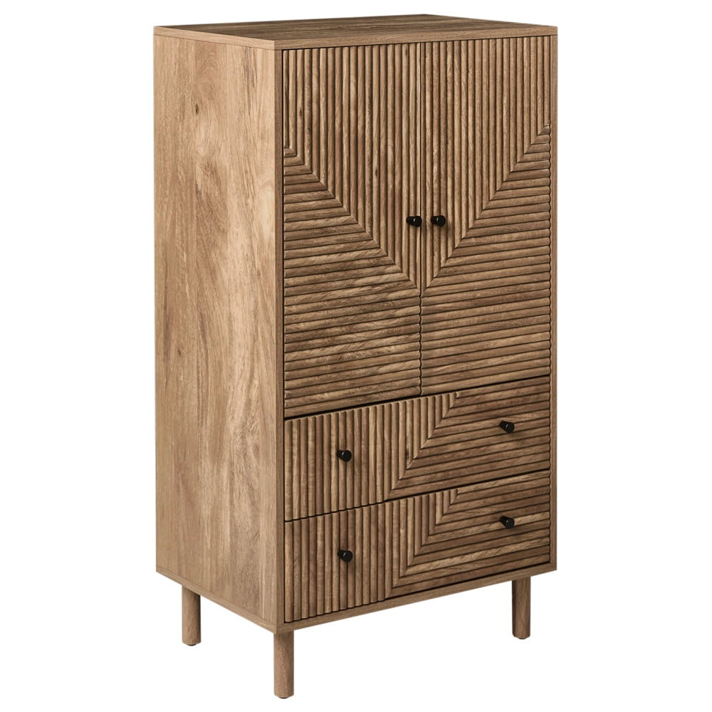Mobile alto MDF marrone chiaro con gambe in legno di pino e 2 cassetti, design moderno