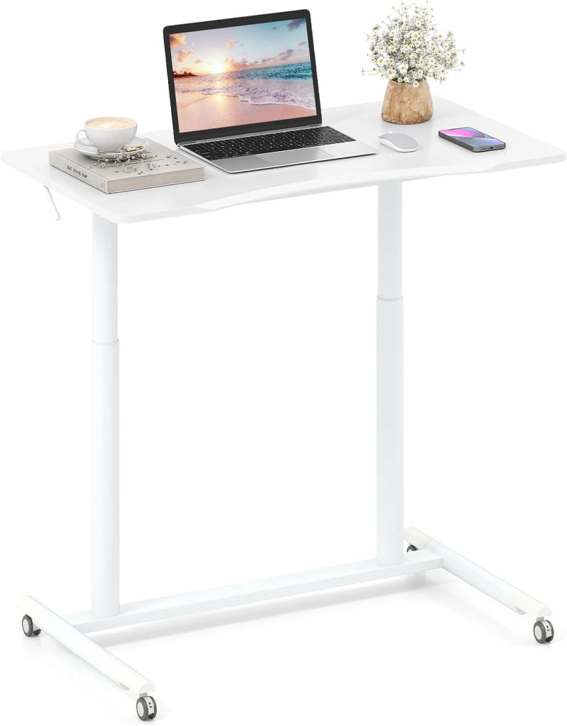Scrivania Regolabile in Altezza a Forma di C, Scrivania con Ruote Bloccabili e Struttura in Metallo, Tvolo Portatile per Laptop e per Spazi Ridotti (Bianco)