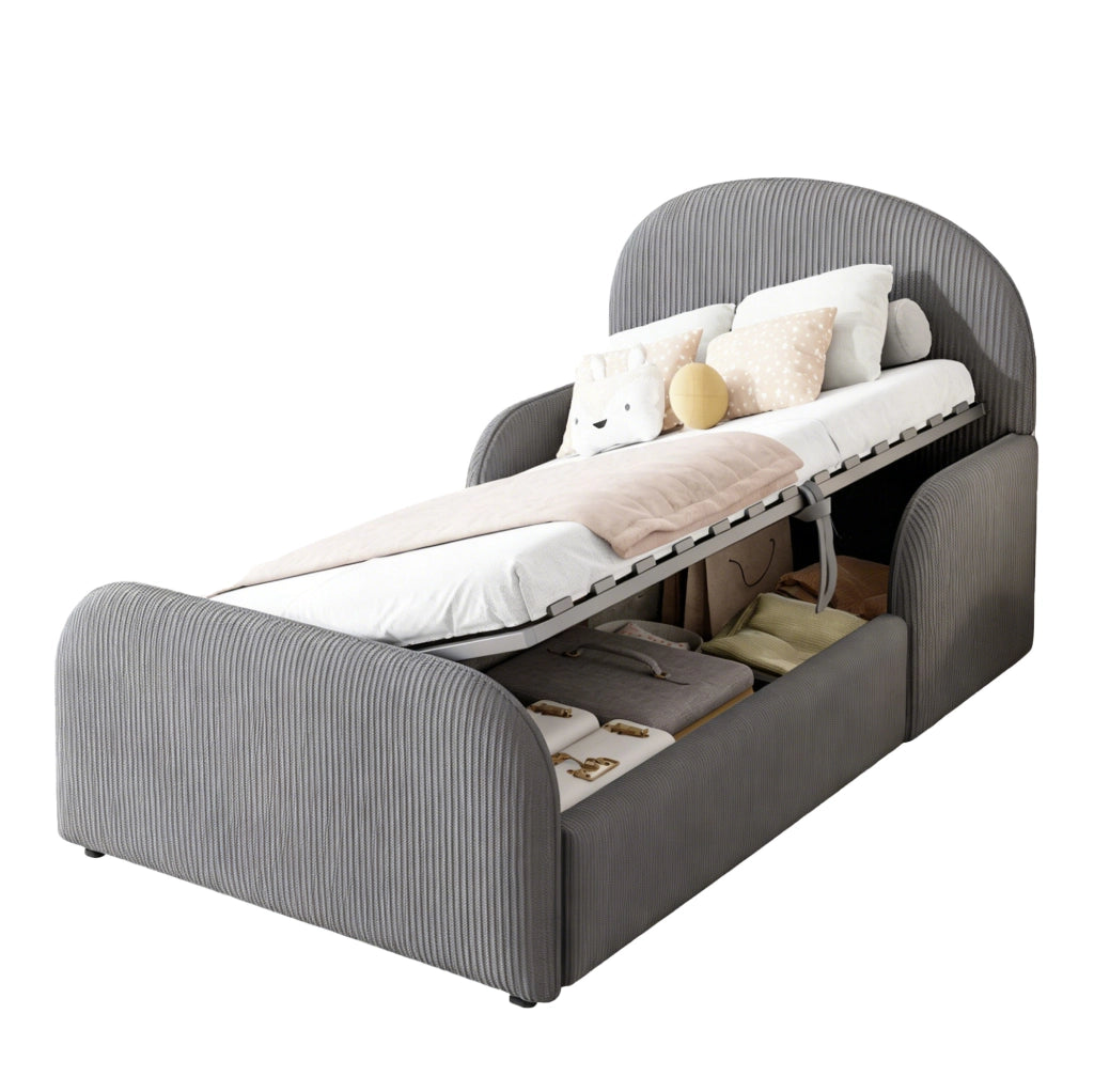 Letto imbottito per bambini 90x200 cm con contenitore idraulico e sponde laterali grigio