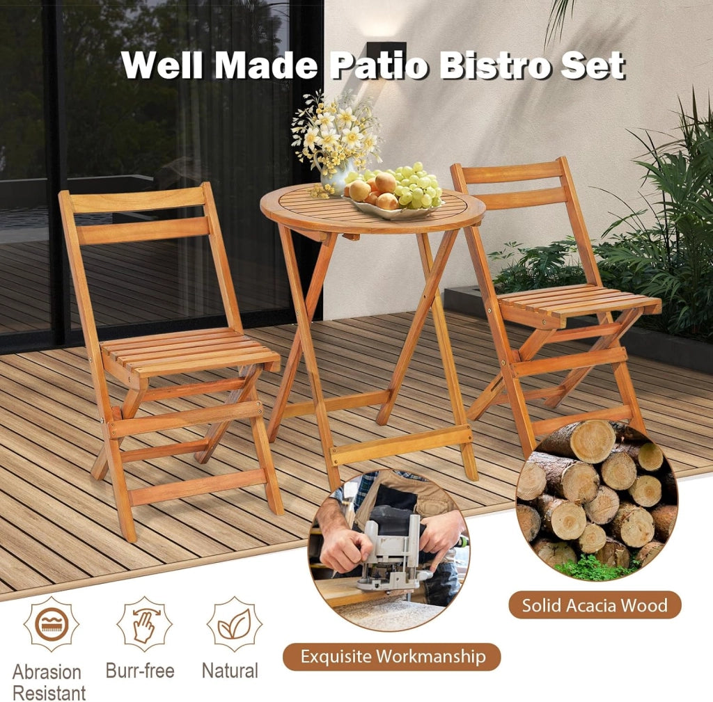 Set da Bistrò Pieghevole, Set da 3 Pezzi in Legno di Acacia, Tavolo Portato 40 kg, Sedie Portato 160 kg, Set Terrazza, Set Tavolo e Sedie da Giardino, Set da Esterno per Balcone, Naturale