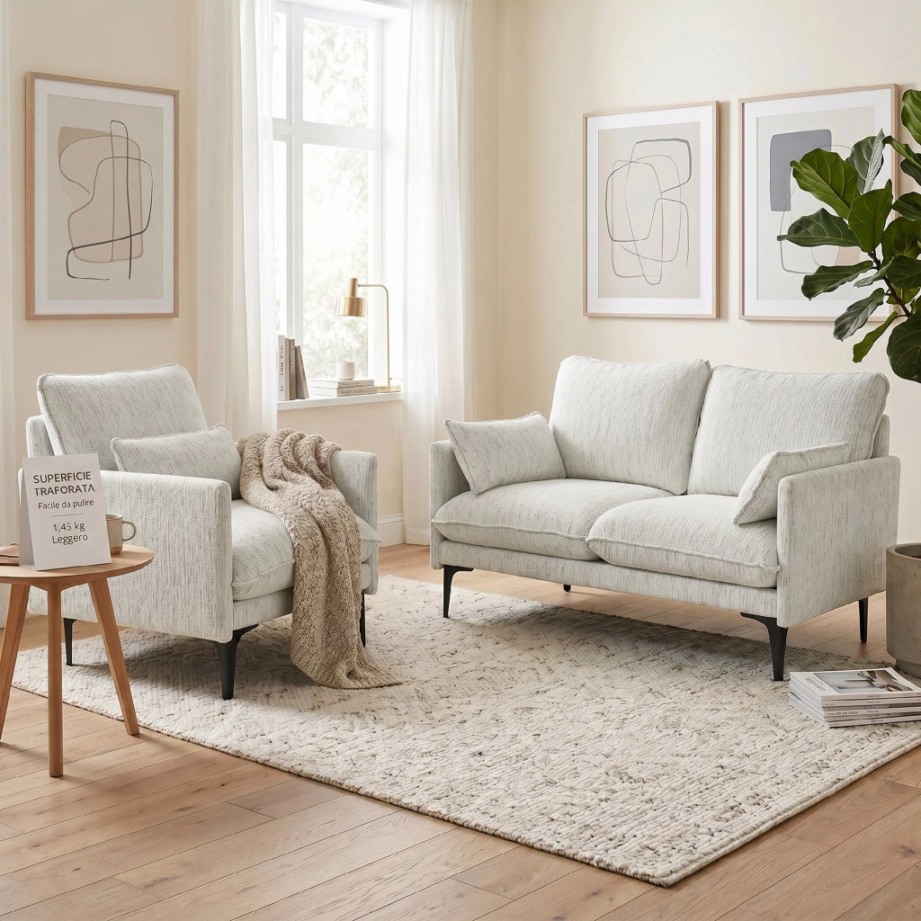 Divano 2 Posti 131x78x83 cm con Braccioli Imbottitura Spessa e 2 Cuscini in Tessuto Bianco