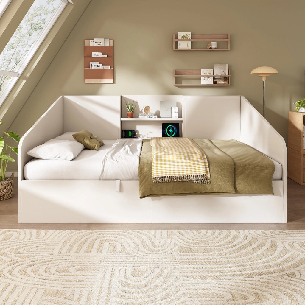 OKWISH Letto a Divano Matrimoniale 140×190 cm con Contenitore, USB, Tipo C, Mensole e Vano Contenitore, senza Materasso, Legno, Bianco
