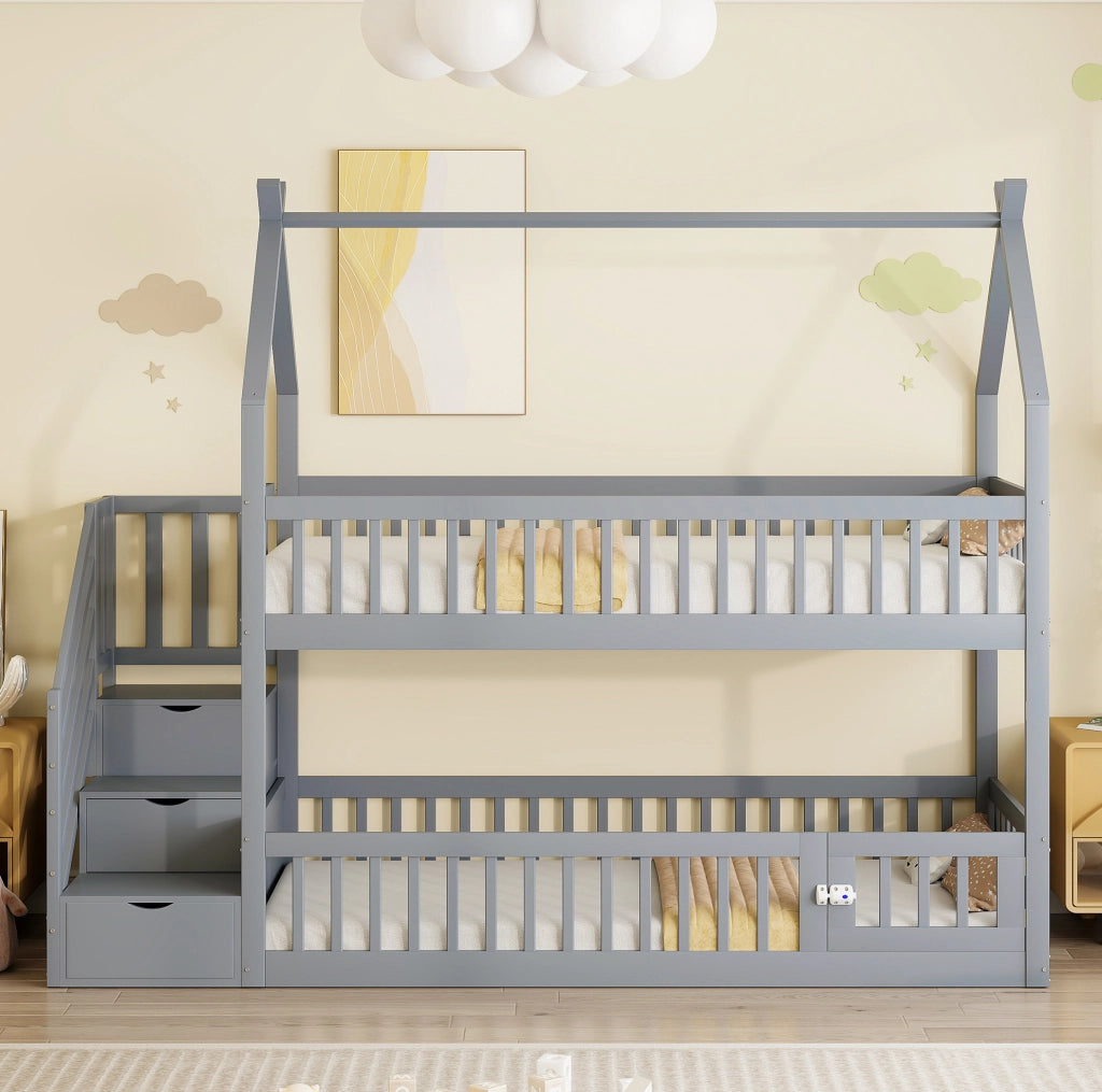 Letto a castello per bambini 90x200 cm in legno massello di pino; con scala; cassetti e finitura grigia