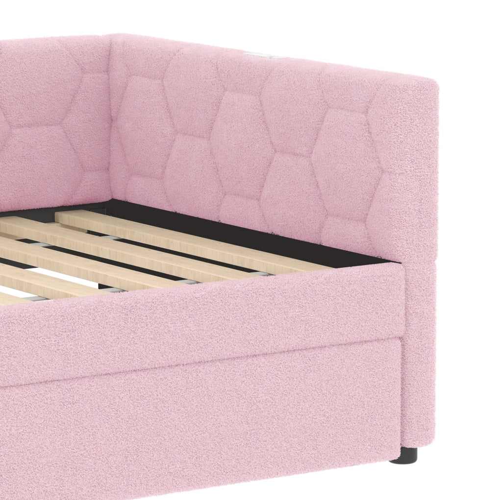 Letto da giorno ULEVR 90x200 cm in boucl¨¦ rosa con letto estraibile, luce da comodino, USB e Type-C