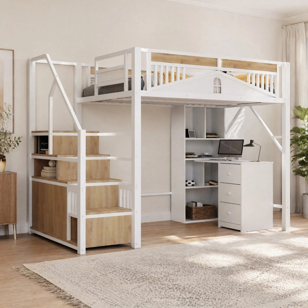 Letto a soppalco 140x200 cm in metallo e legno bianco