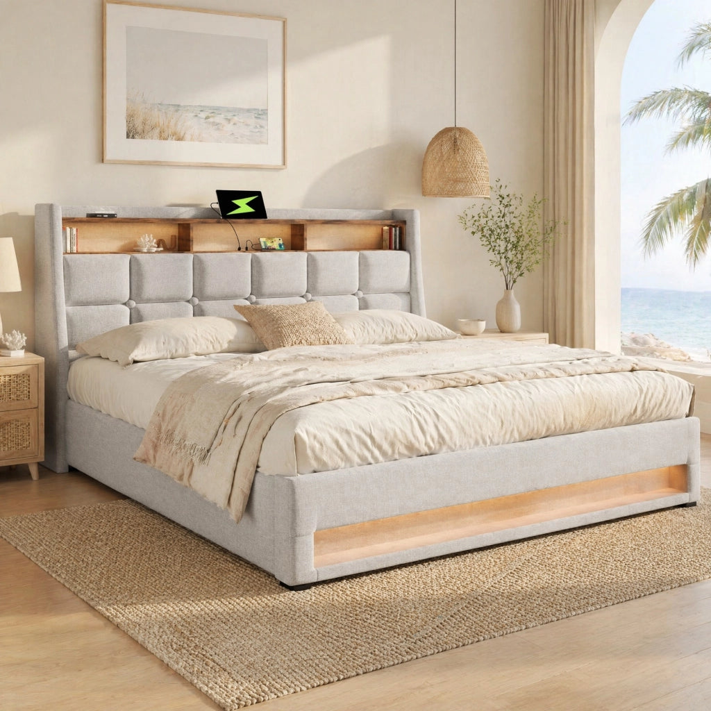 Letto matrimoniale imbottito 160x200 cm con LED e USB; beige chiaro in tessuto effetto lino