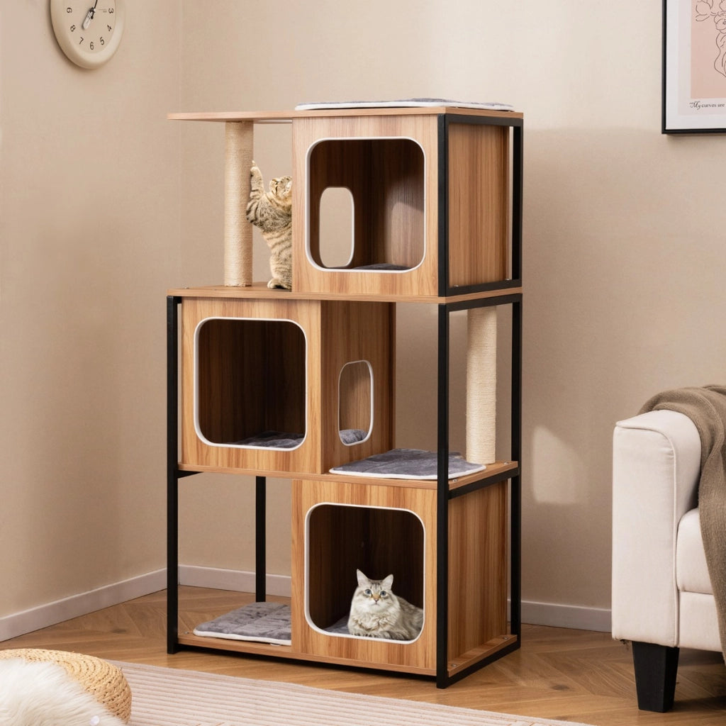 Albero per gatti moderno con tiragraffi da interno, Torre per gatti multi-livello con struttura in metallo Naturale-Alberi Tiragraffi