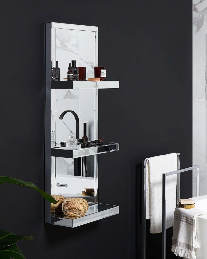 Mensola Bagno Effetto Specchio Argento 3 Gomme Vetro Temperato Glam Decorativo