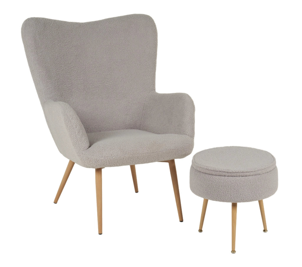 Poltrona Imbottita Ergonomica Con Schienale E Braccioli Con Poggiapiedi Contenitore Camera Da Letto Salotto Moderna Pouf Sedia Effetto Teddy Morbida - Grigio