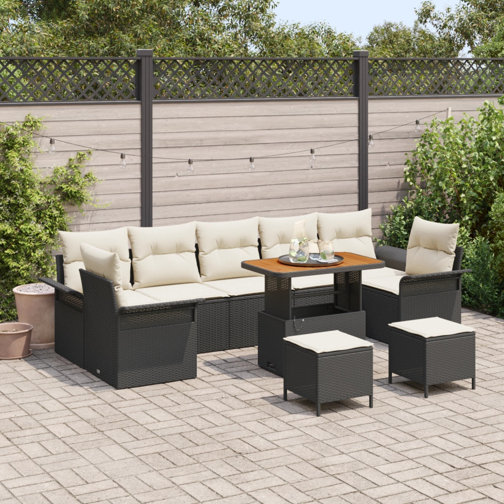 Set di divani da giardino da 10 pezzi con cuscini neri in polyrattan acacia