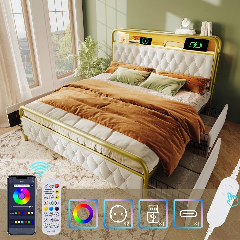 Letto Imbottito Matrimoniale con Cassetti e LED ¨C MINIMAL ¨C Velluto 140x200