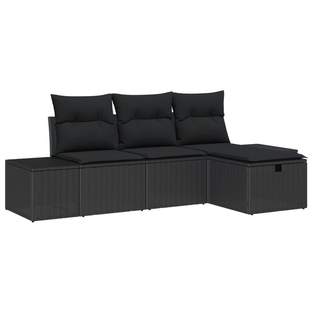 Set di Divani da Giardino 4 Pezzi con Cuscini Nero Polyrattan