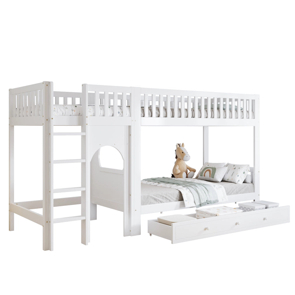 Letto a castello per bambini 90 × 200 cm con scala dritta a 4 gradini, barriere su 4 lati, senza materasso, bianco naturale