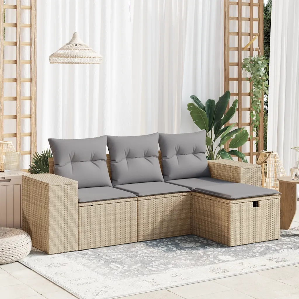 Set Divano da Giardino 4 pz | Set Salotto da Giardino con Cuscini Beige in Polyrattan