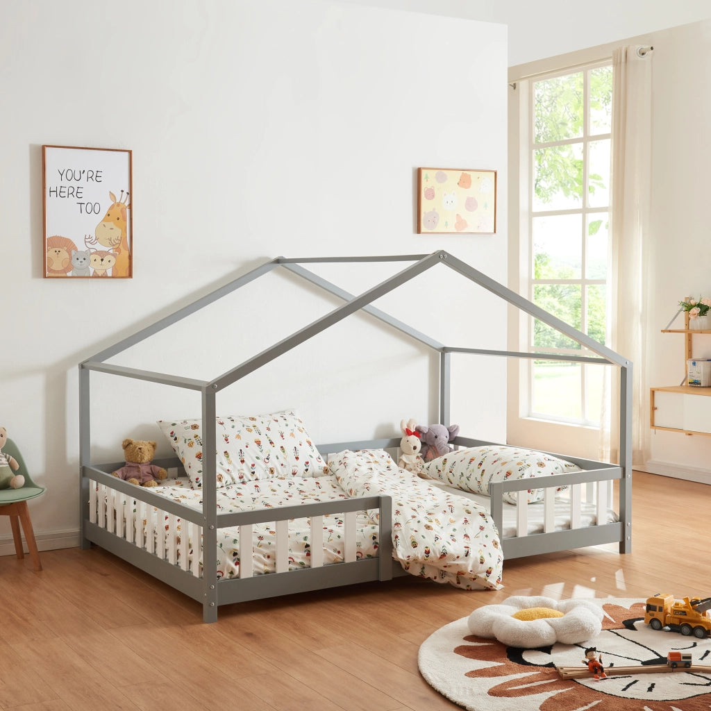 Letto per Cameretta Treviolo a Forma di Casetta 120x200 cm Grigio [en.casa]