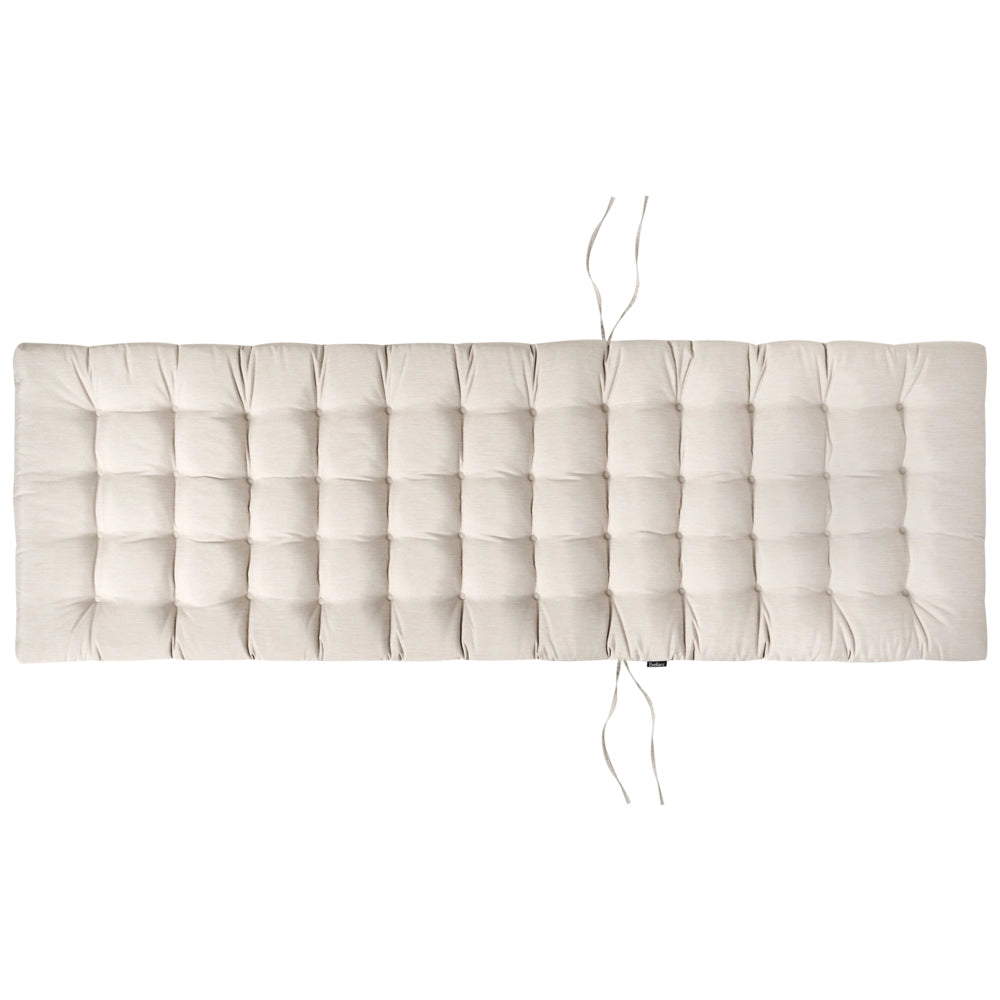 Lettino da giardino in legno chiaro di acacia con cuscino beige chiaro reclinabile su ruote con tavolino