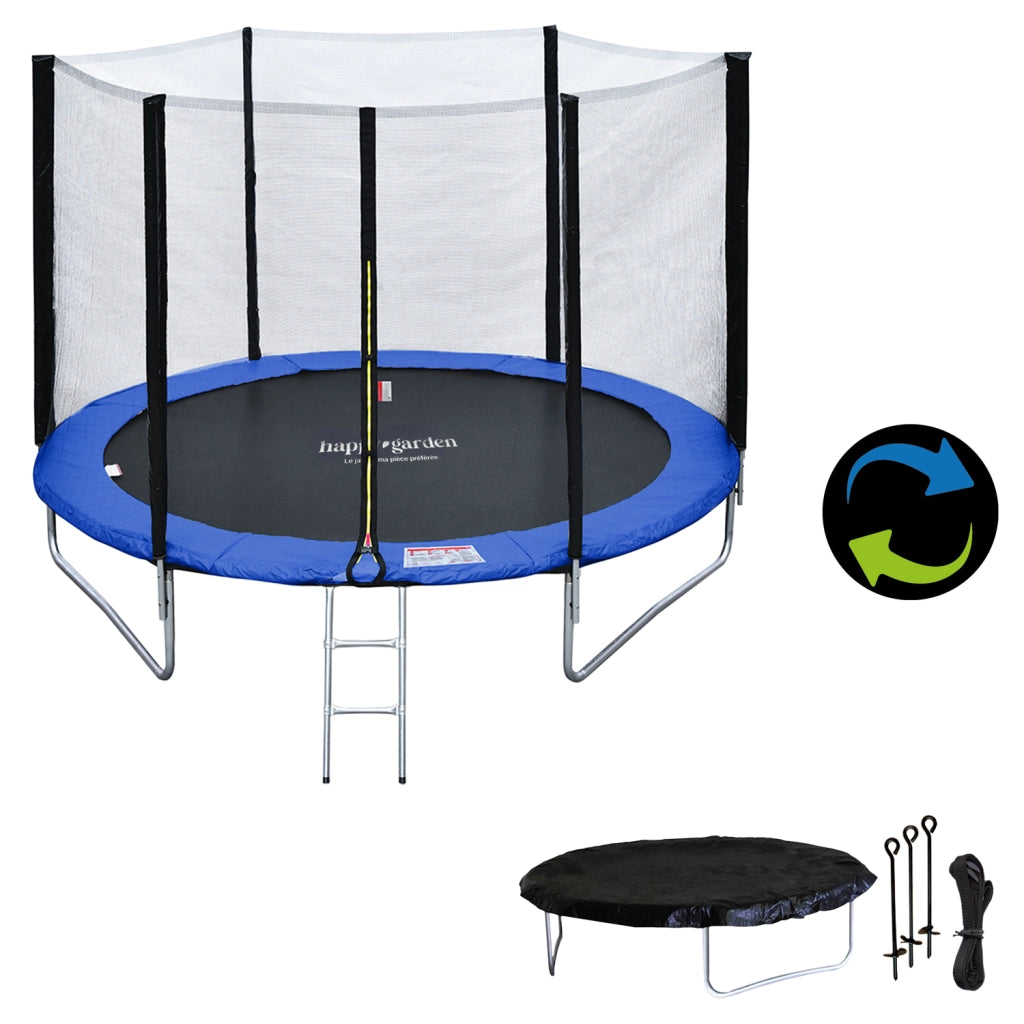 Premium Pack Trampolino 245cm reversibile blu / verde CANBERRA + rete, scala, copertura e kit di ancoraggio