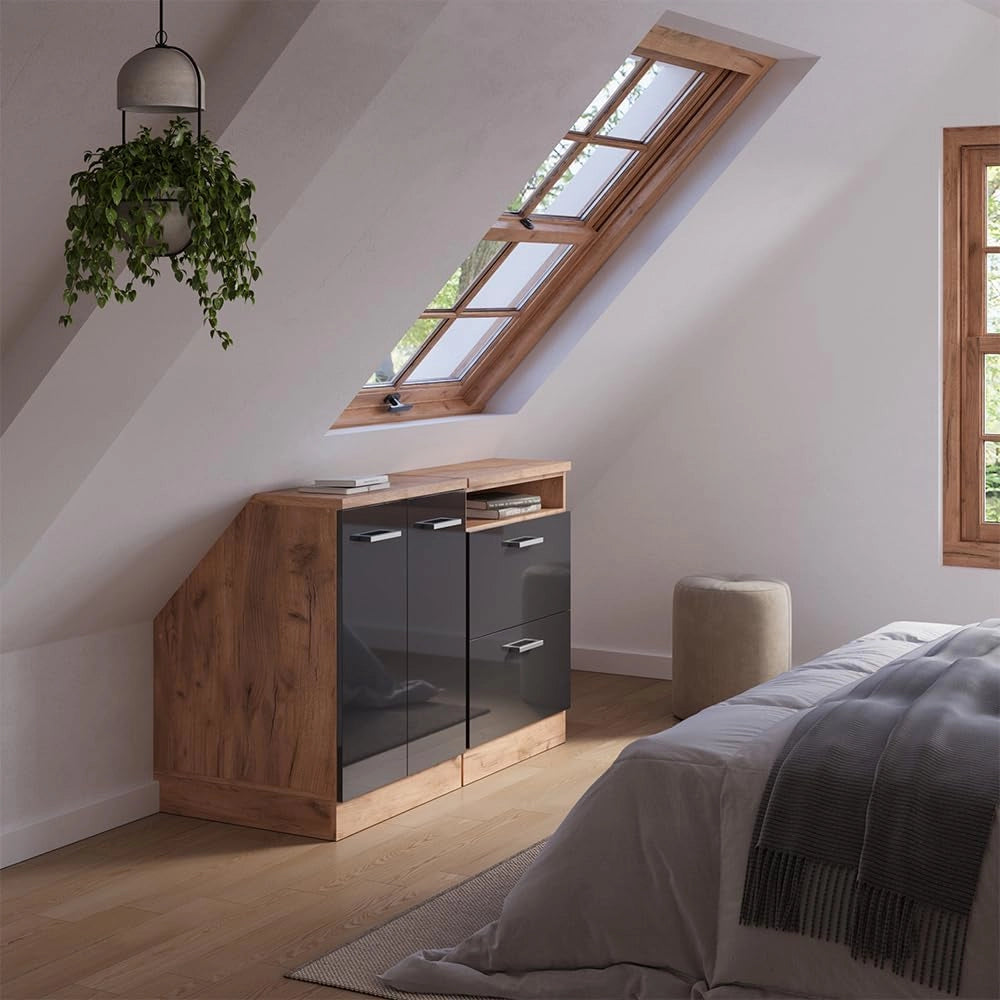 Set di mobili sottotetto Rion, Antracite lucido, 120 cm Set di 2 carcasse armadio profondità 60 cm, adatto per il salvaspazio sotto tetti spioventi