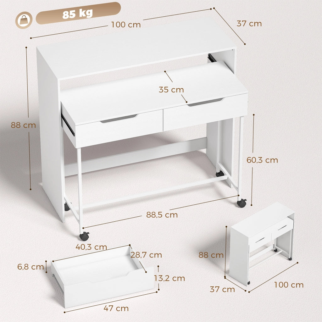 Scrivania computer estensibile con 2 cassetti, bianca, design moderno, salvaspazio, 100 cm, per casa e studio