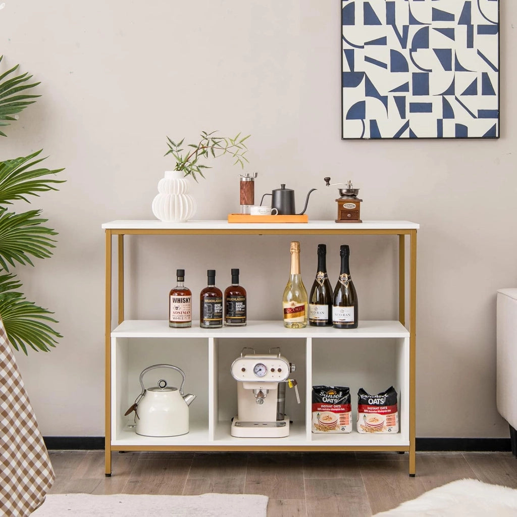 Credenza da cucina, armadio portaoggetti basso con ampio piano di lavoro, grande ripiano aperto, 3 scomparti, per cucina, sala da pranzo (bianco)