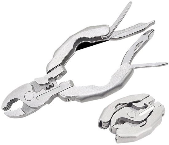 Multitool 10-in-1: set di strumenti portatili pieghevoli con chiave a molla e apripistoni, ideale per attività all'aperto, campeggio e riparazioni.