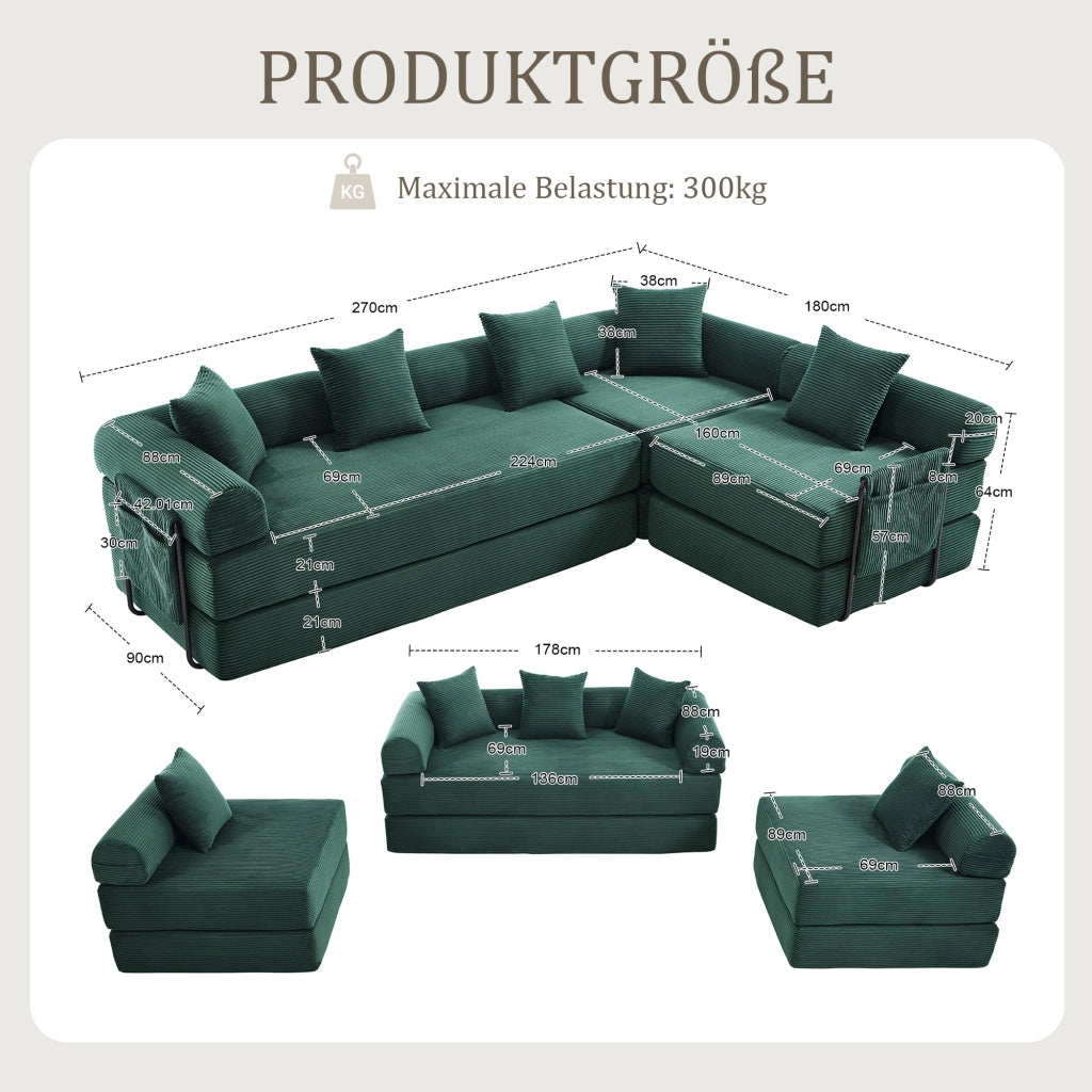 SOFÀ Modulare 270x180x64 cm Verde Smeraldo in Velluto a coste