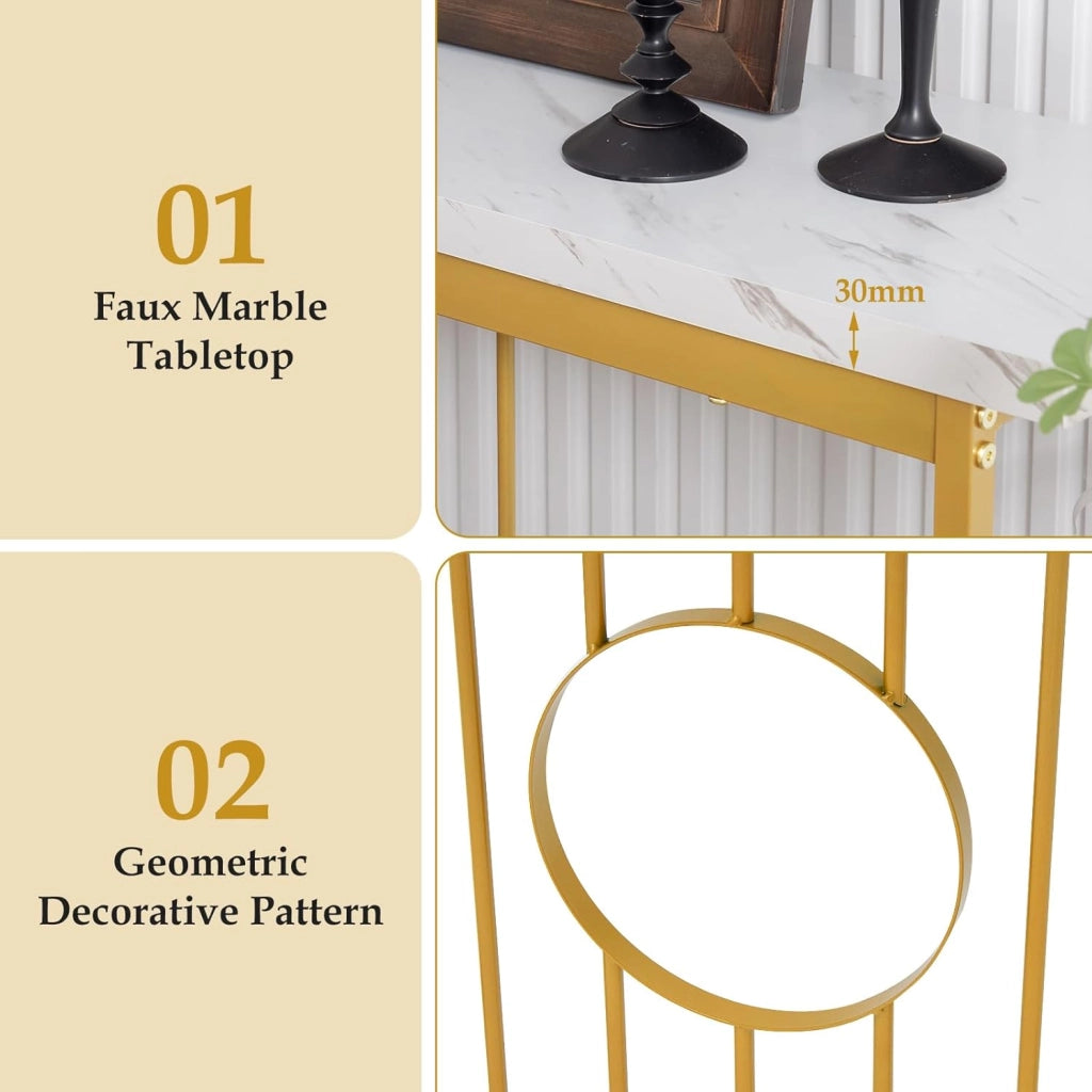 Tavolo Console da ingresso, ingresso stretto con piano in marmo imitazione e struttura in metallo dorato, tavolo laterale da 120 cm per corridoio, soggiorno, 120 x 30 x 80,5 cm