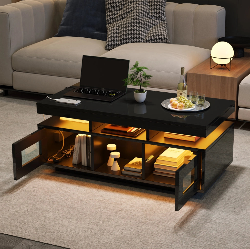 Tavolino da salotto nero lucido con LED e ricarica USB