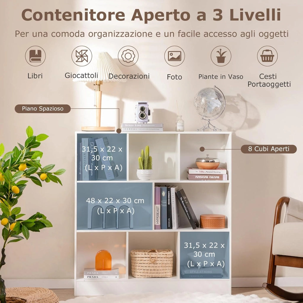 Libreria a 8 Cubi, Organizzatore di Stoccaggio a 3 Ripiani con 2 Kit Anti-Ribaltamento, Scaffale Multiuso in Legno per Soggiorno, Ufficio Stanza Bambini, 100x24x104 cm (Bianco)