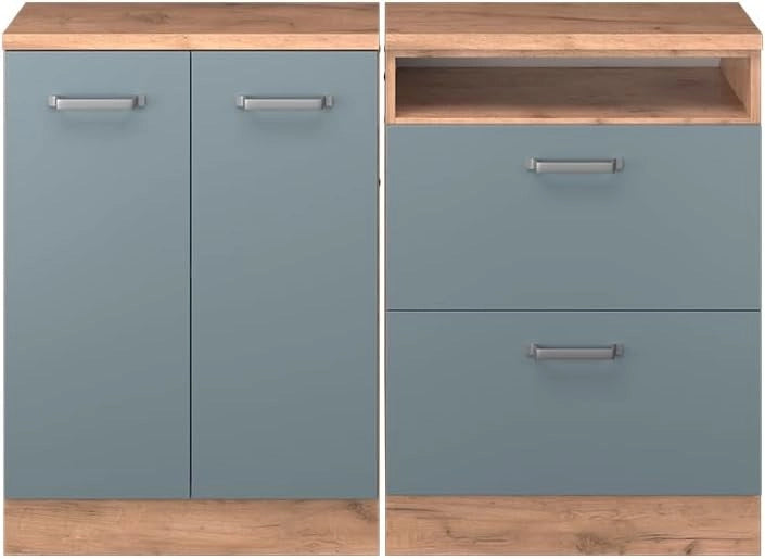 Set di mobili sottotetto Rion, Grigio-blu, 120 cm Set di 2 carcasse armadio profondità 60 cm, adatto per il salvaspazio sotto tetti spioventi