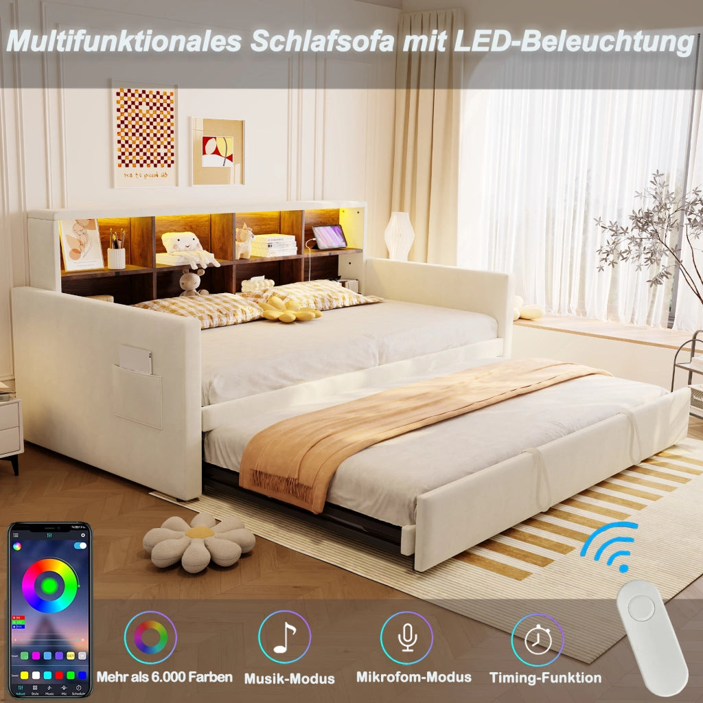 OKWISH Letto Estraibile Singolo con Contenitore, LED, USB e Tipo C, 90 x 190 cm, senza Materasso, Beige