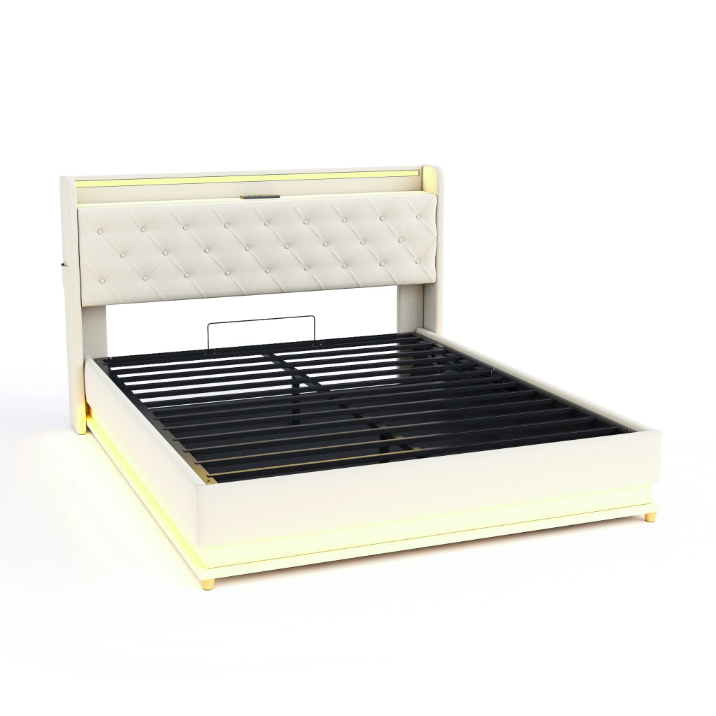 LETTO Imbottito 160x200 cm Beige con LED, USB e contenitore idraulico